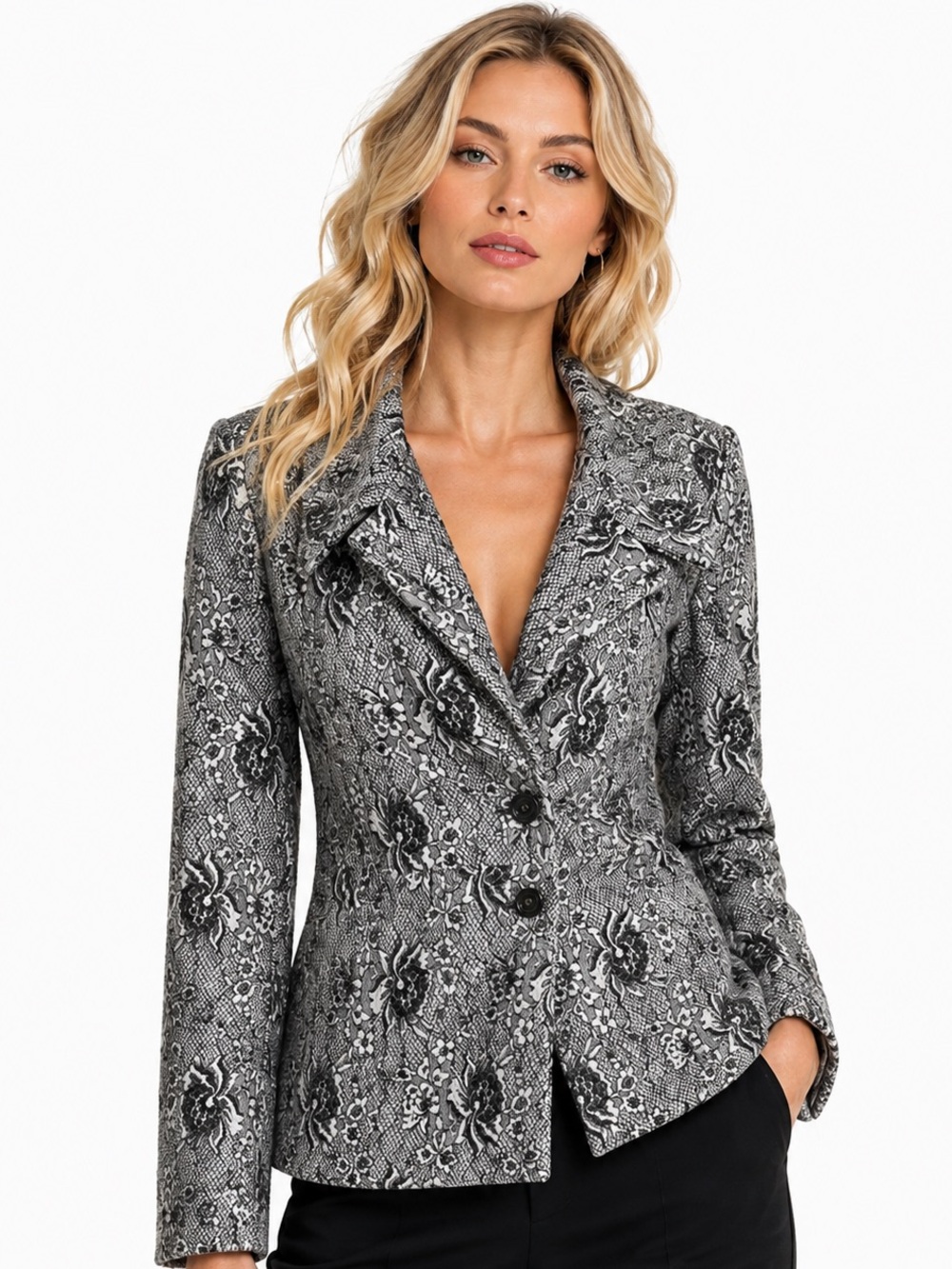 Lucia’s Sarto Grey Lace Winter Jacket Pockets blazer coat